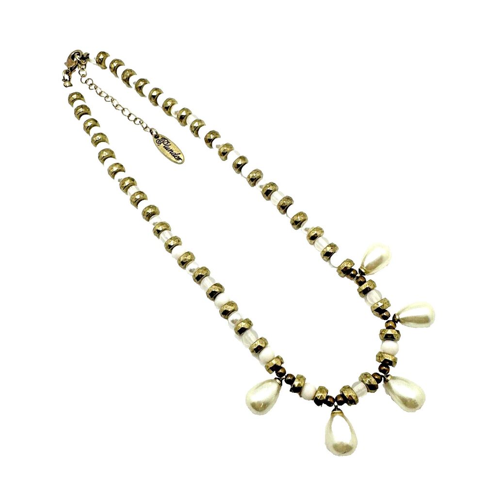 PLUNDER Faux Pearl Teardrop Necklace 16-18" White Gold Tone Choker Statement
